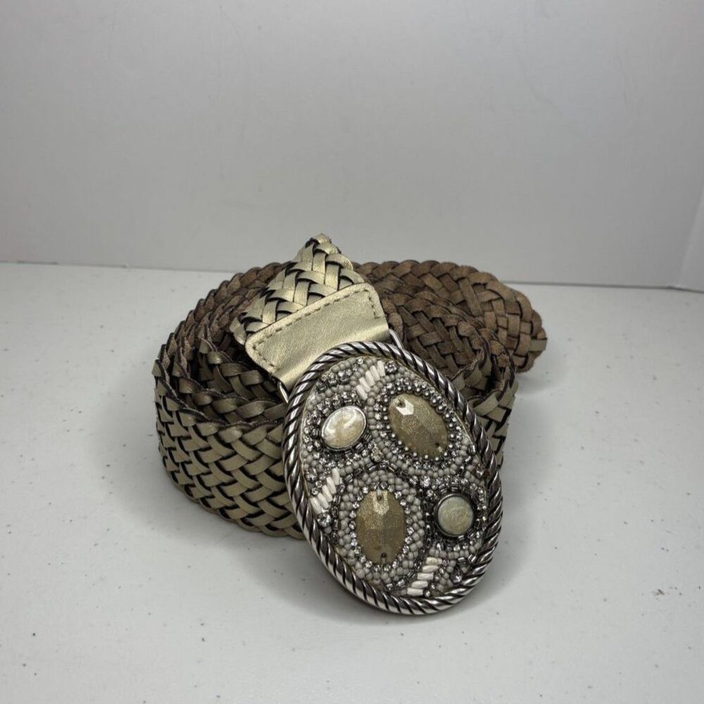 Chico's Leather Braided Gold Rhinestone Studded Leather Belt Womens Designer